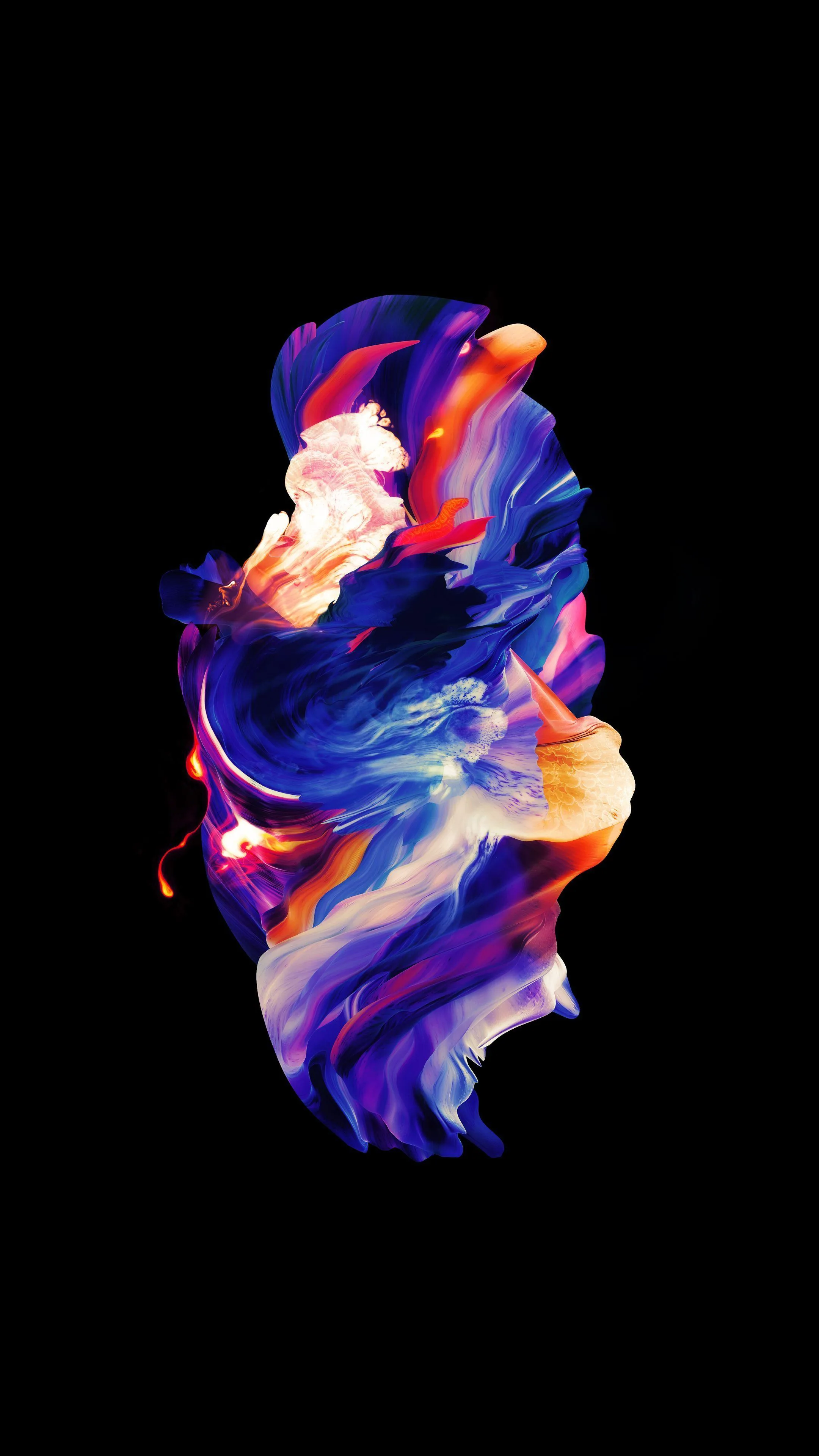 Streaks of blue, violet, orange and cream twist together into a single ribbon of paint suspended in the middle of a black portrait frame.