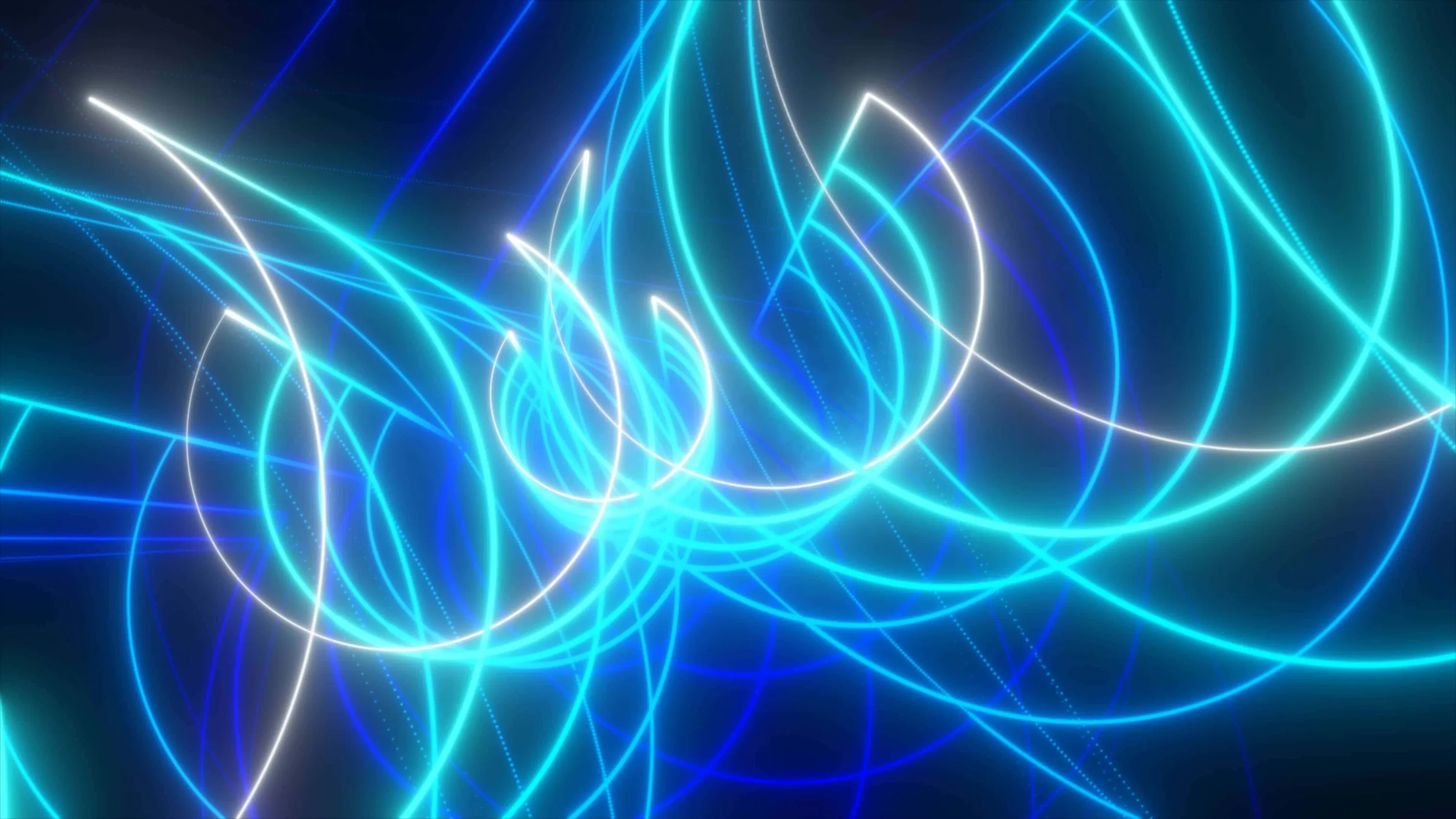 Long-exposure curls of cyan, blue and white cross the whole frame like ribbon script, dense enough that widgets need a solid backing to stay legible.