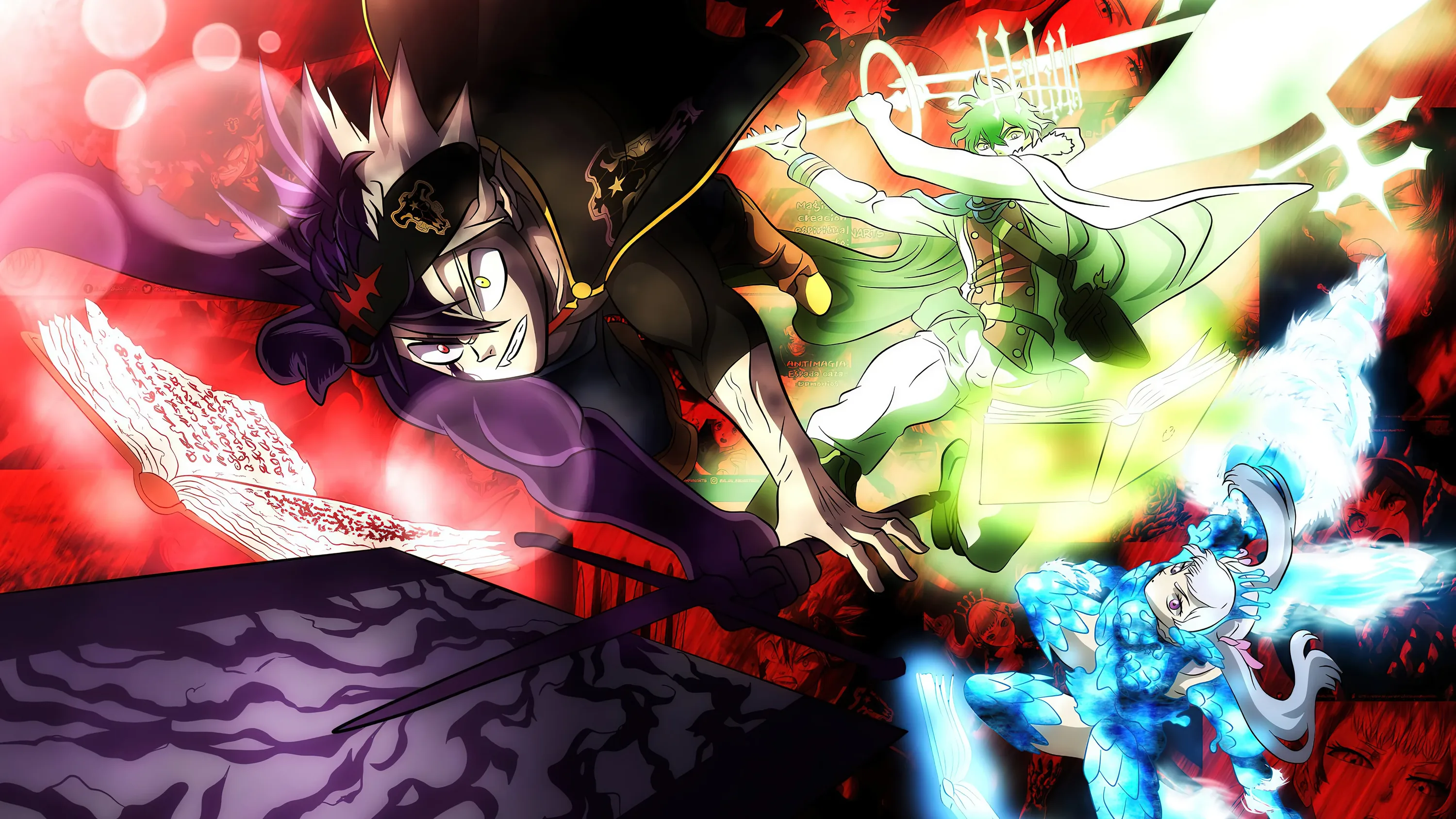 Three knights attack at once, black spellwork on the left, green wind pouring from the centre and a blue water valkyrie form glowing in the lower right.