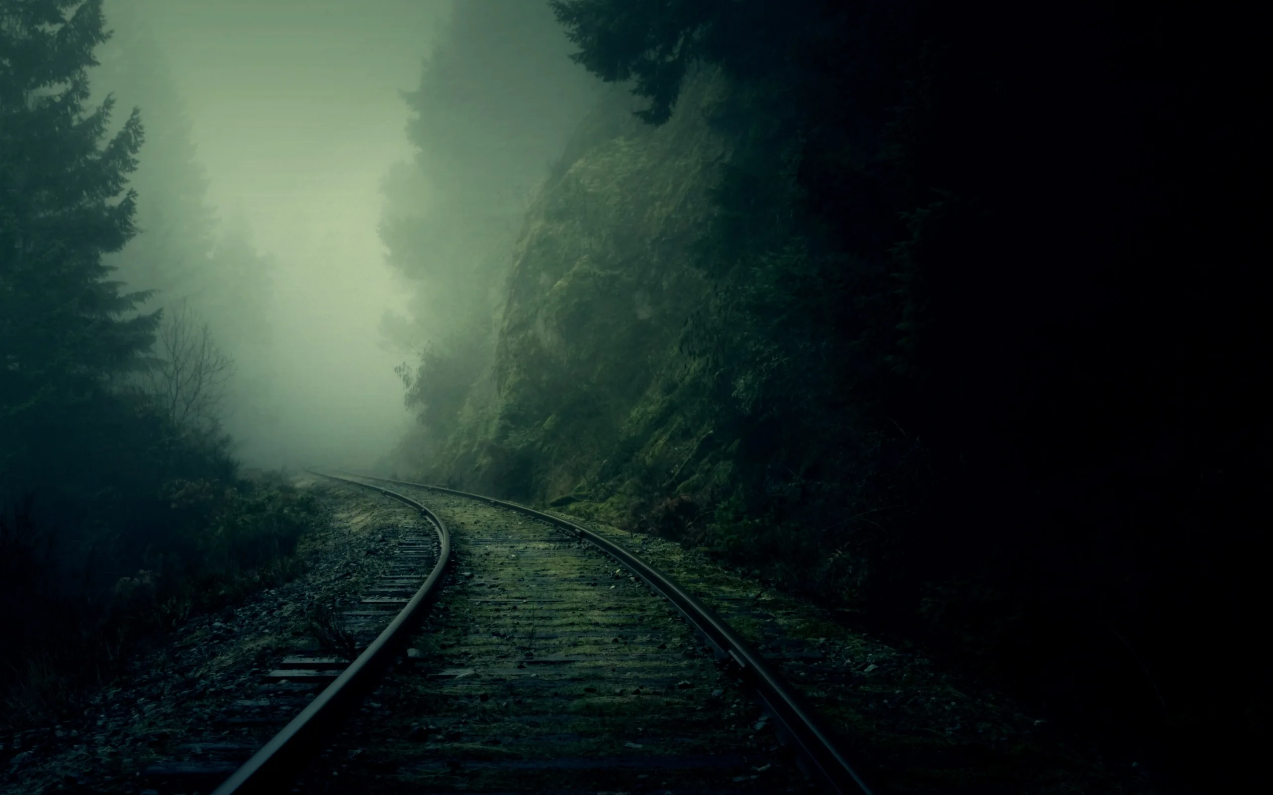 Empty rails swing left between a rock face and dark pines before vanishing into green murk, the fog brightest just above the curve.