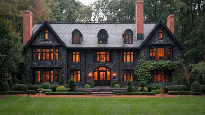 Elegant black mansion surrounded greenery showcasing timeless