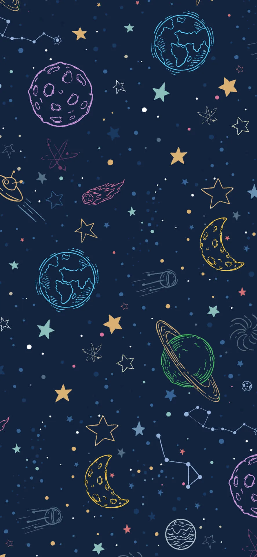 Outlined planets, ringed Saturn, crescent moons and constellations scatter over deep navy, drawn in thin coloured lines like a notebook sketch.
