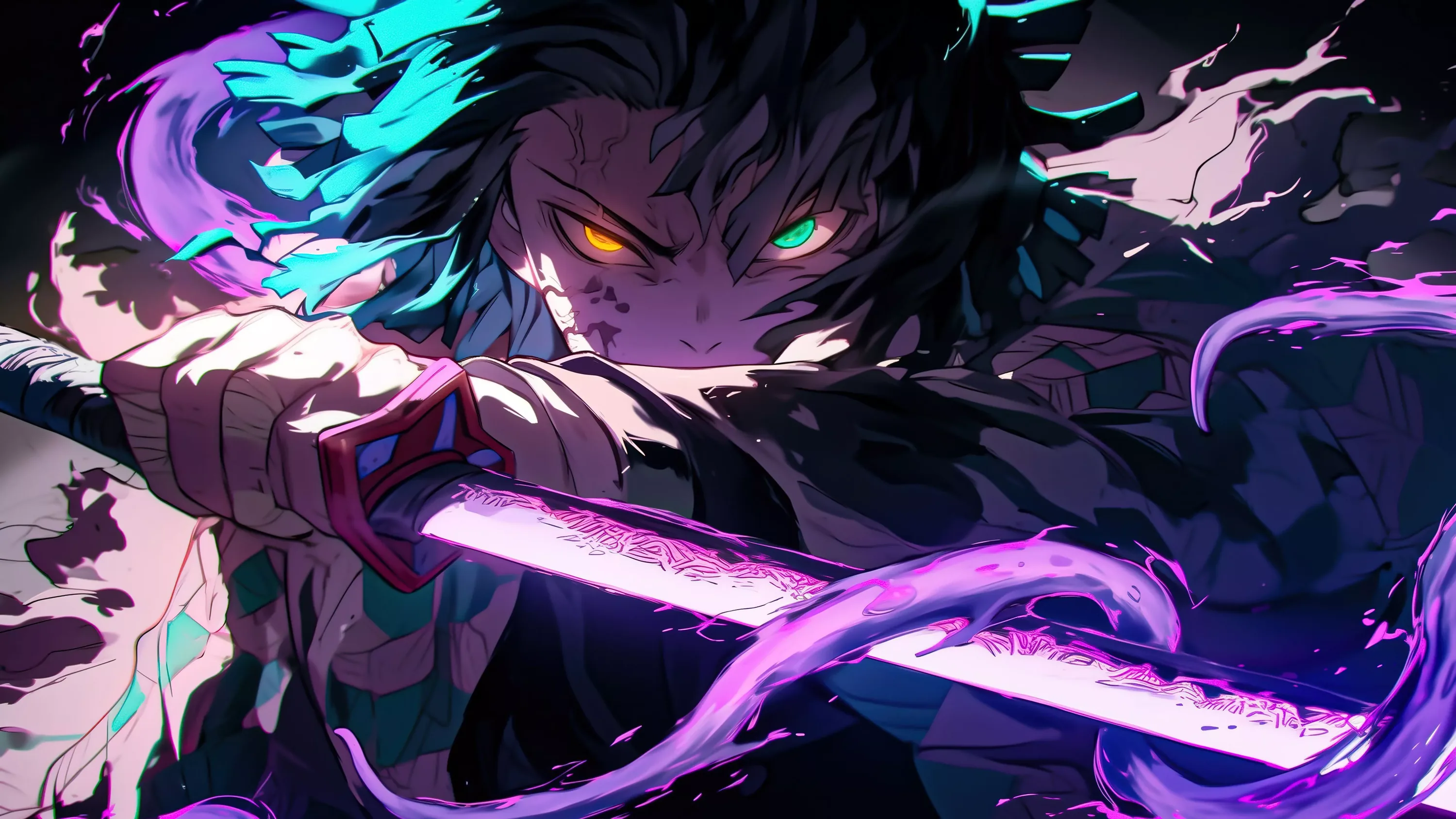 Purple and teal smoke coils around a blade held across the frame, one orange eye and one green eye staring out over it.