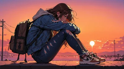 Anime School Girl Sitting Alone At Roadside Wallpaper