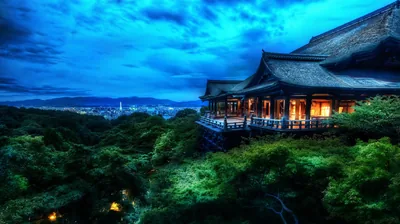 Japanese Temple Above the Forest at Dusk HD Wallpaper