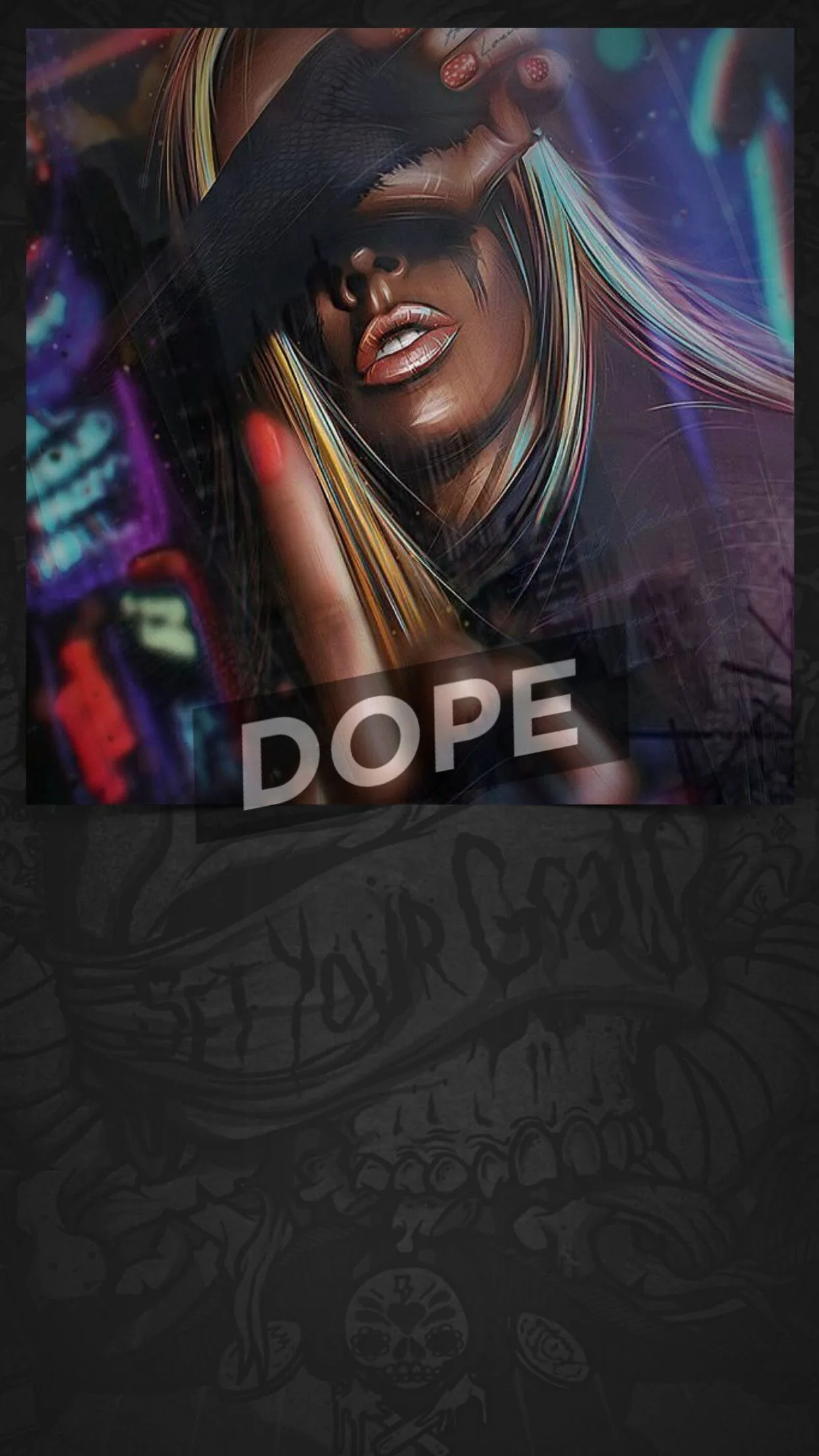 A small neon-lit portrait square floats in the upper half, the word DOPE beneath it, dark graffiti linework keeping the lower two-thirds icon-friendly.