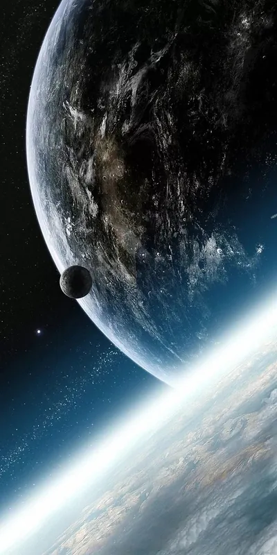Earth and Moon Above a Sunlit Planet HD Phone Wallpaper