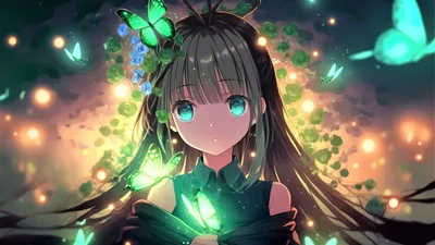Green-Eyed Girl with Emerald Butterflies HD Wallpaper