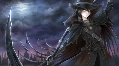 Scythe-Wielding Girl Under a Purple Storm HD Wallpaper