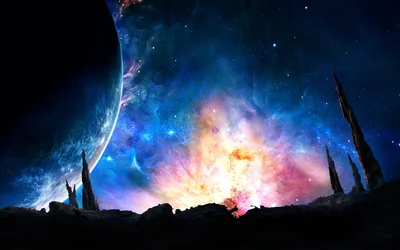 Rock Spires Against a Burning Nebula HD Wallpaper