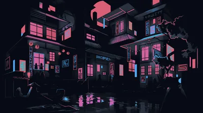 Illustrated Town with Pink Neon Windows HD Wallpaper