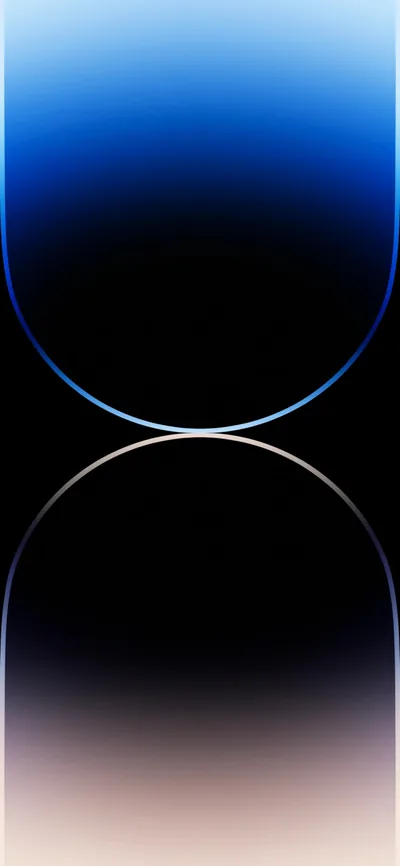 A sweeping blue arc drops from the top edge and meets its mirrored twin at a single bright point on the horizon line.