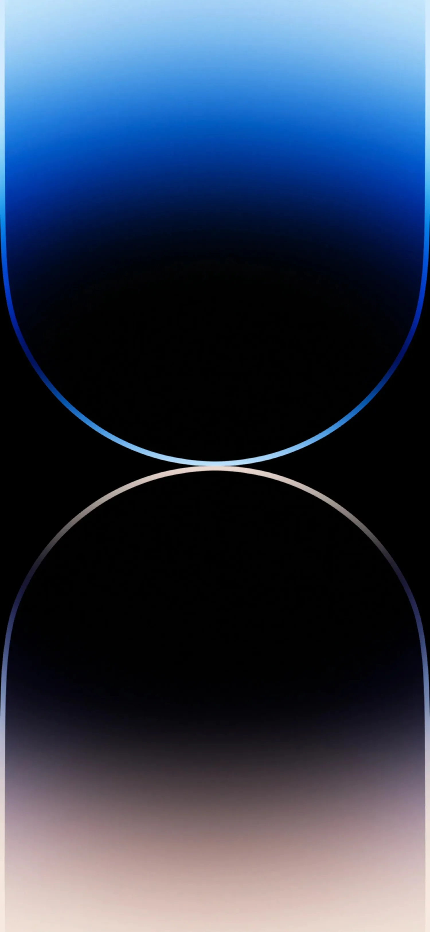 A sweeping blue arc drops from the top edge and meets its mirrored twin at a single bright point on the horizon line.