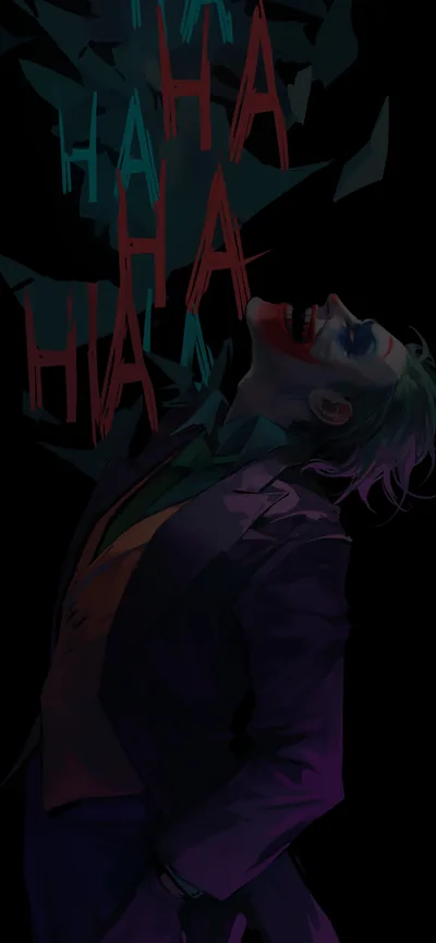 Head thrown back, the purple-suited Joker cackles as red HA letters scatter upward; the lower third fades to near black for icons.