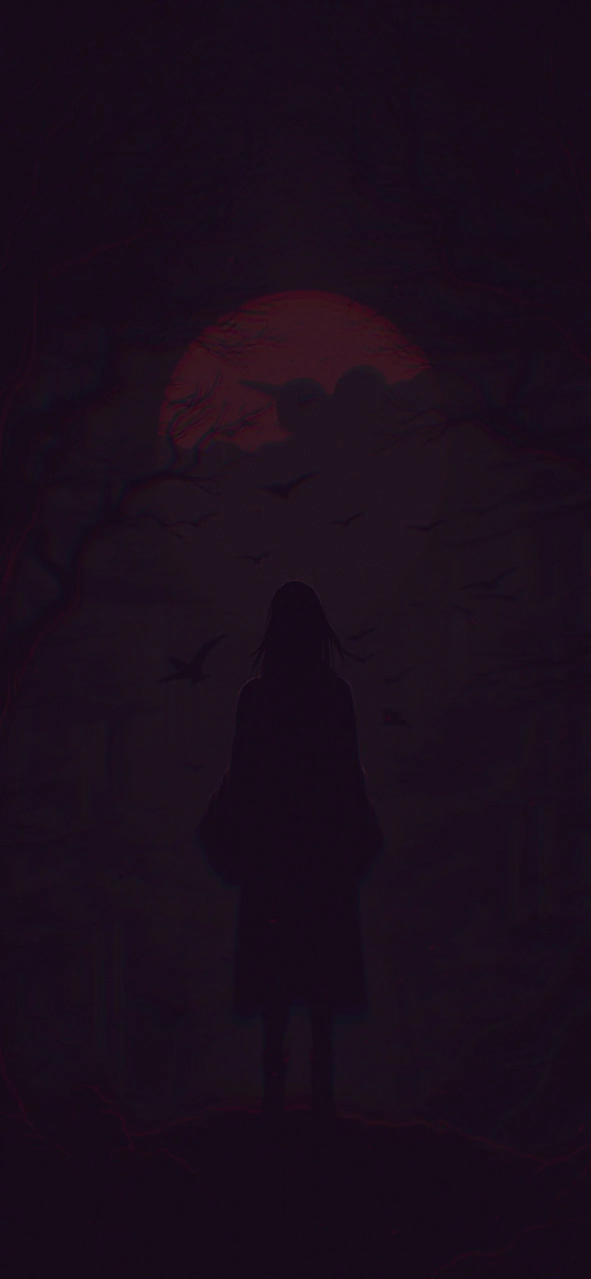 A lone figure in a long coat stands among dark trees beneath a dull red moon, nearly the whole frame sunk in blackish purple.