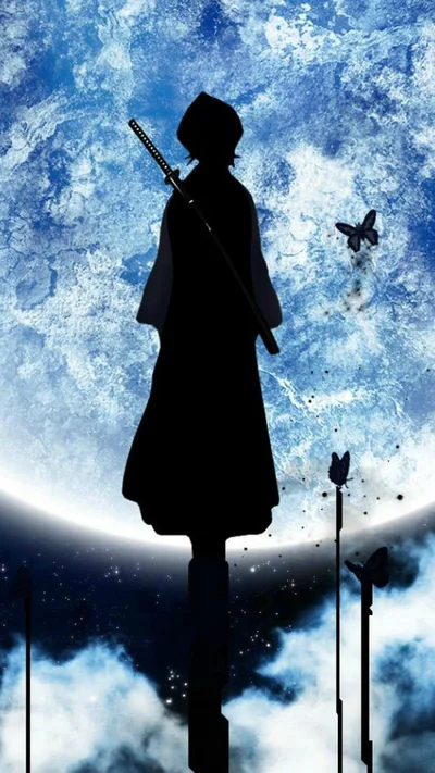 Rukia Silhouette Against a Blue Moon HD Phone Wallpaper