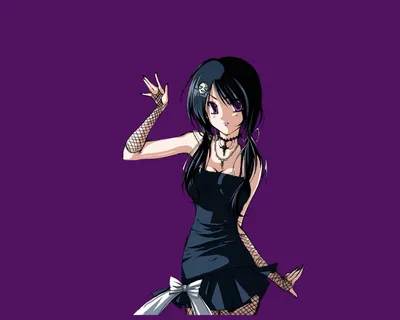 Cute Anime Girl with Black Hair & Purple Eyes in Fishnet Gloves