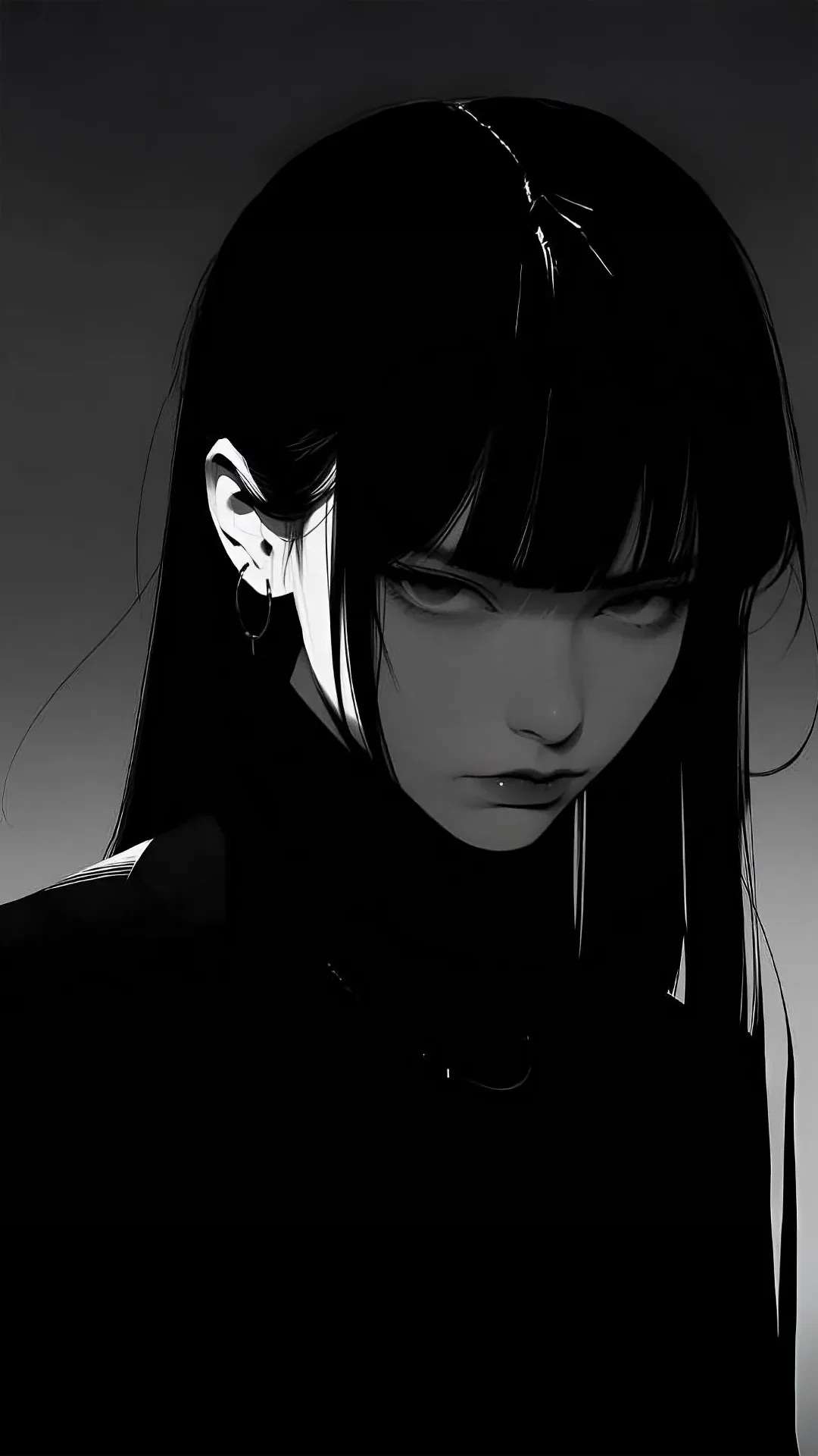 A tall portrait crop: blunt bangs, pale skin and a black turtleneck, the light falling from behind so half the face stays in shadow.