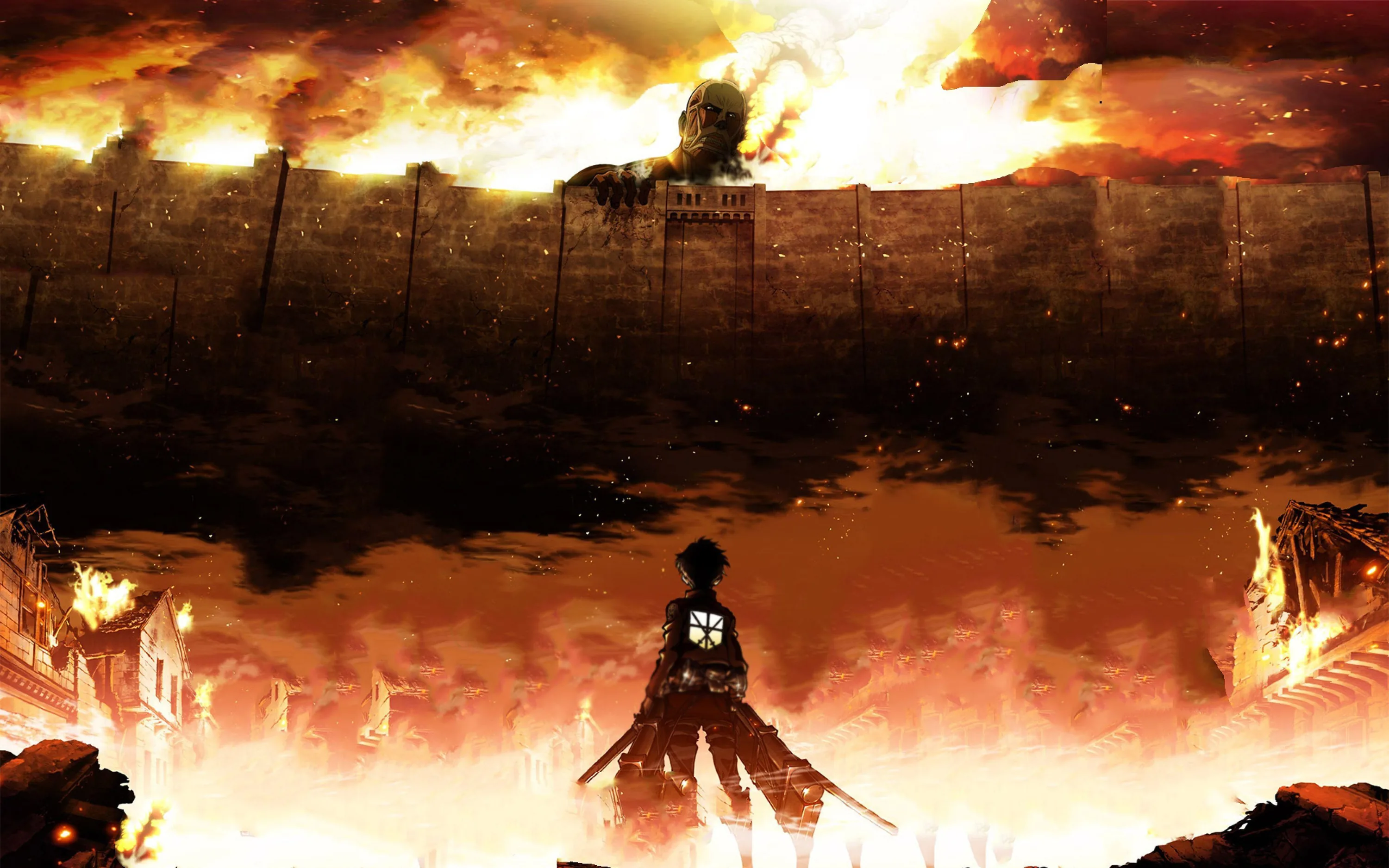 A tiny cloaked figure faces the great wall while smoke and orange fire fill the sky above it — the bottom third left dark and empty.