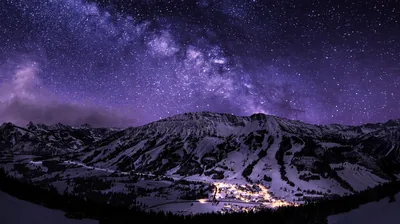 Snowy Mountain Village Under the Milky Way HD Wallpaper