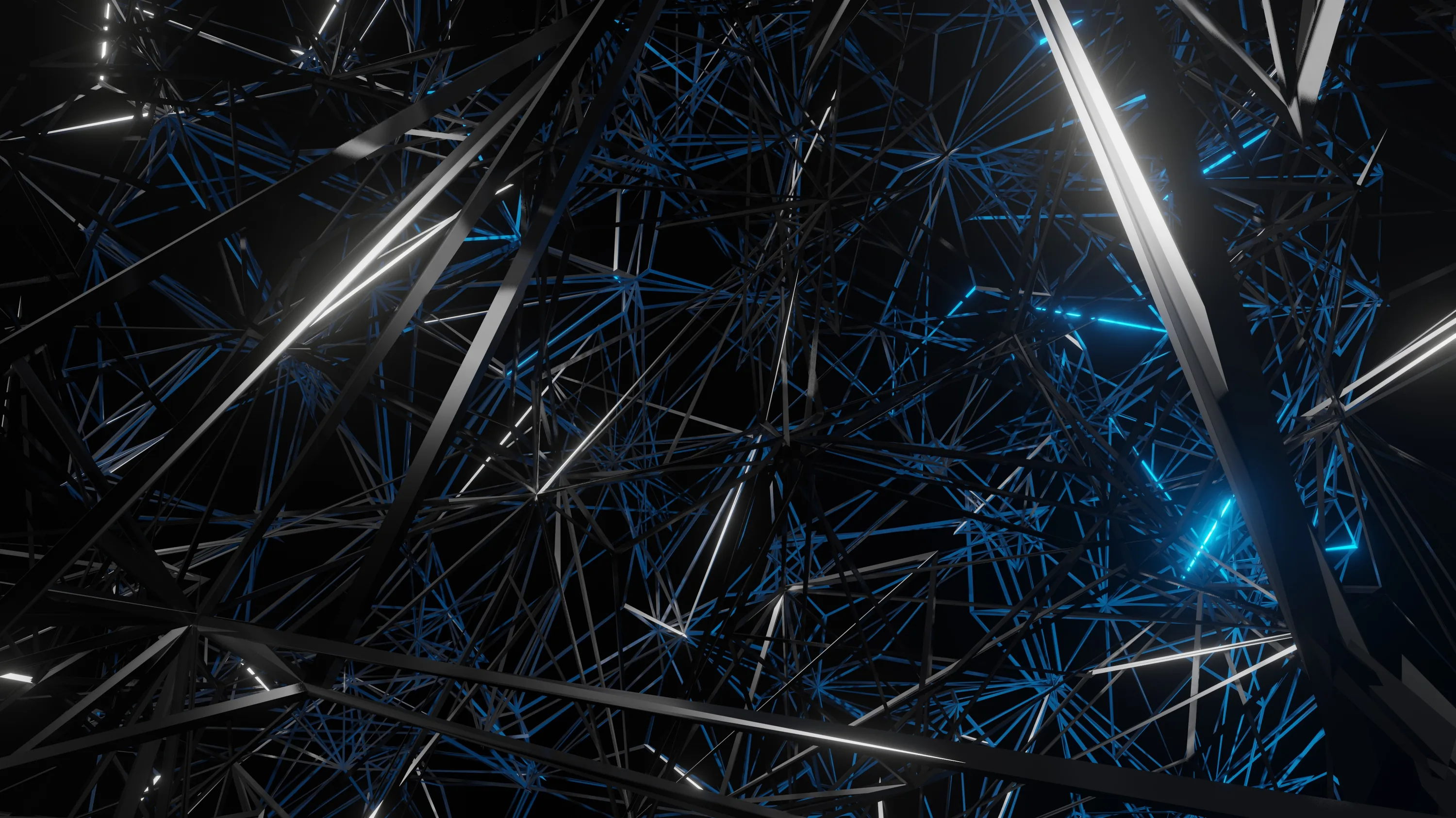 Hundreds of thin metal rods cross at random in a dark space, small blue lights caught between them at the joints.
