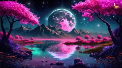 Pink Cherry Blossoms Under a Fantasy Moon HD Wallpaper