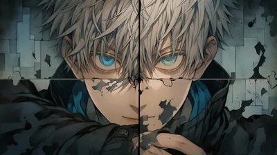 Blue-Eyed Anime Boy Behind Cracked Concrete HD Wallpaper