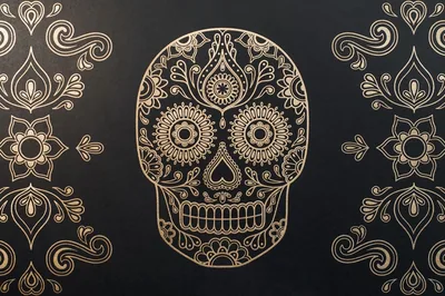Gold Sugar Skull with Ornaments HD Wallpaper