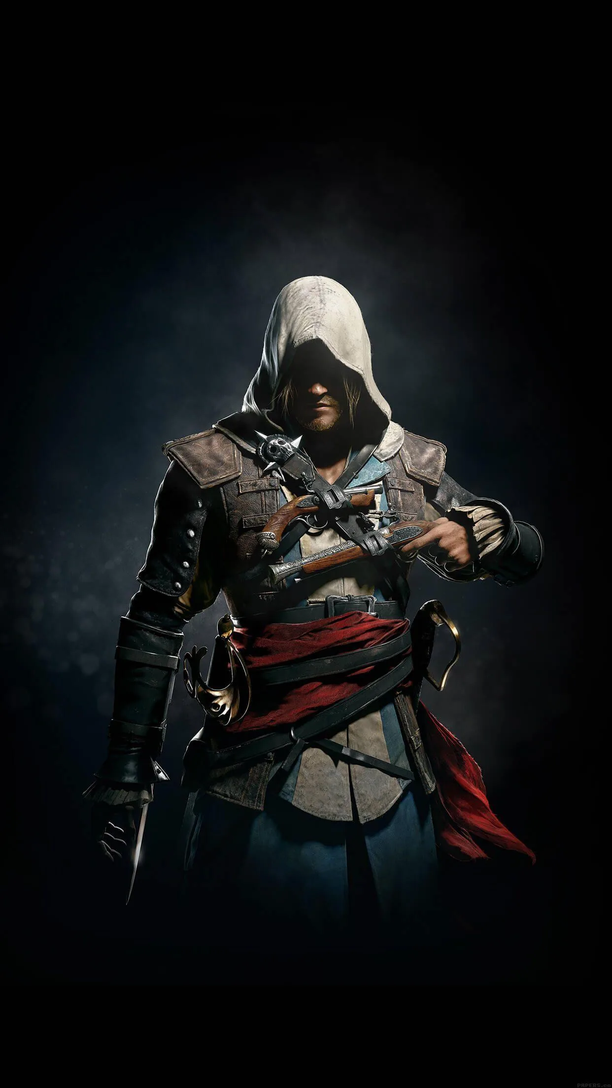 A hooded figure in a long coat and red sash stands ready with a dagger in each hand, the tall portrait frame leaving black space overhead.