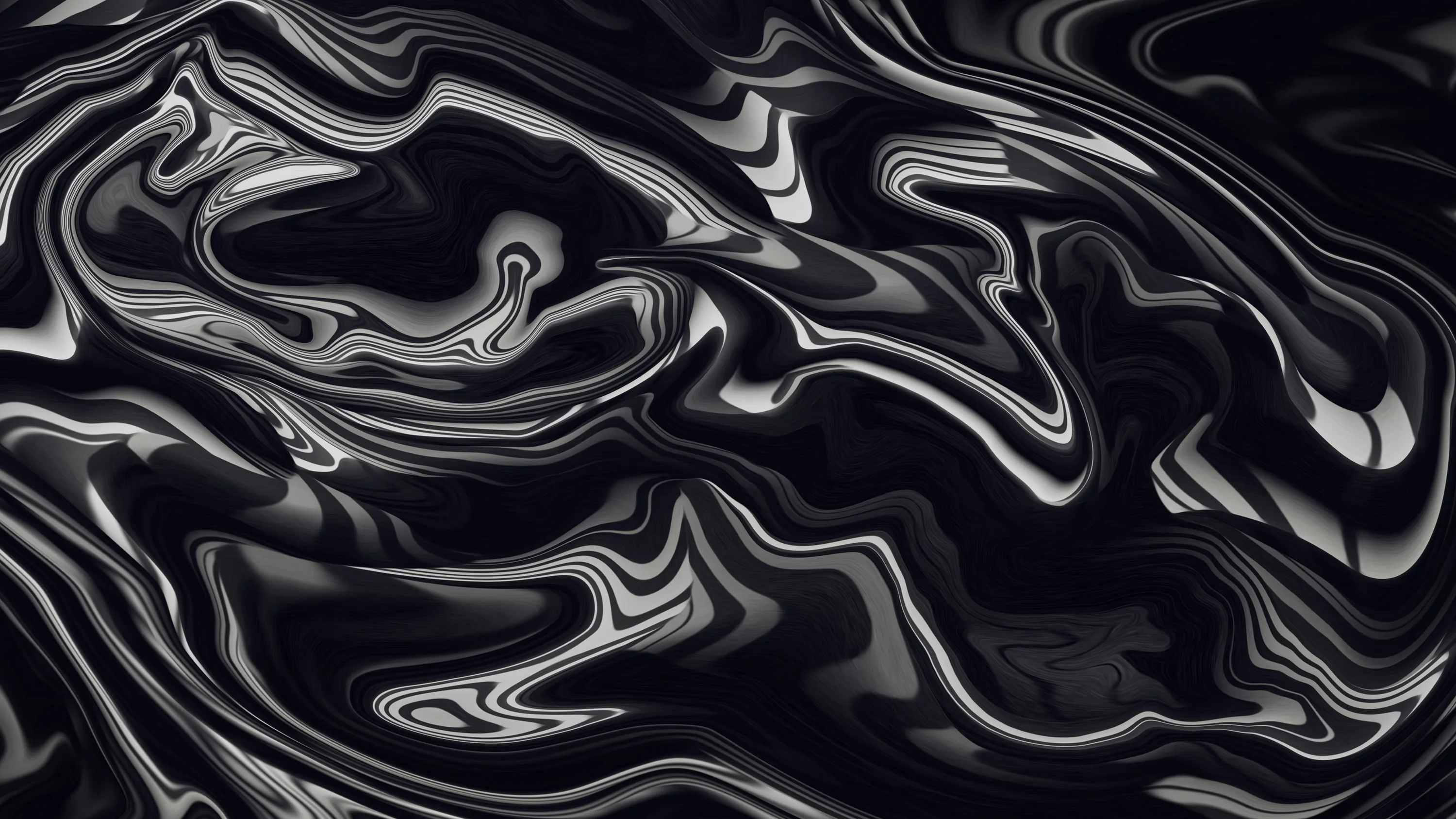 Molten metal ripples across the frame in tight folds, silver highlights tracing every fold against the black.