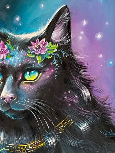 Black and flowers, oil painting on cardboard