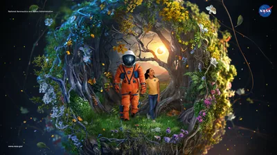 Astronaut and Child in a Forest Ring HD Wallpaper