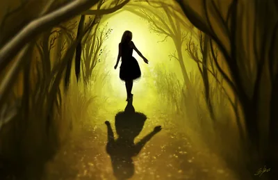 Wallpaper road, forest, leaves, girl, trees, hair, back, shadow for mobile and desktop