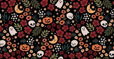 Halloween Themed Wallpaper with Skulls and Flowers