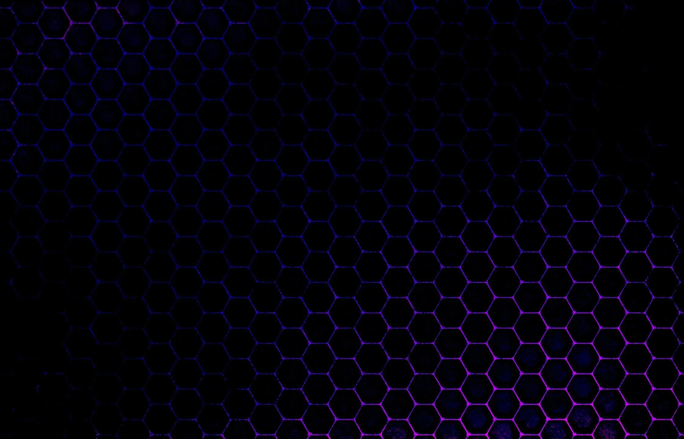 A honeycomb grid glows faint purple across the lower half of the frame and fades to black toward the top.