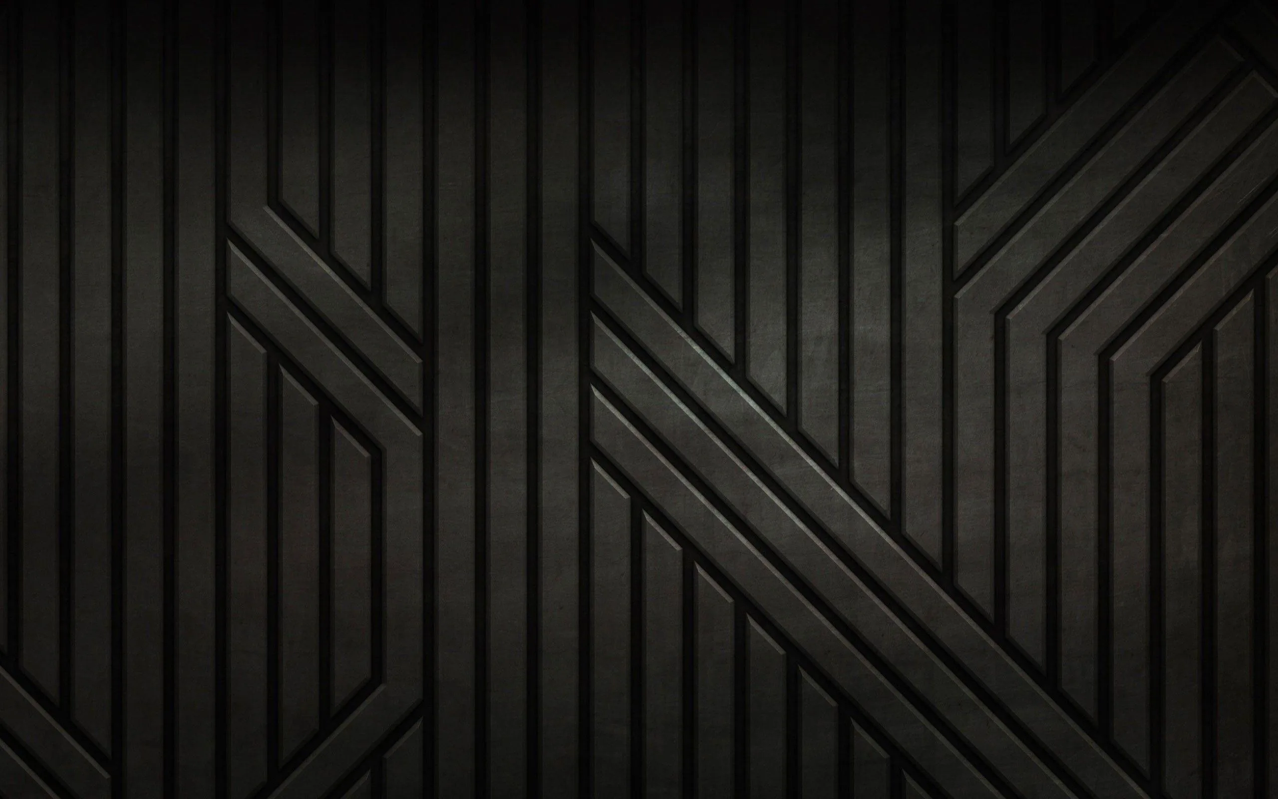 Vertical metal slats crossed by wide diagonal straps, a brown-grey sheen falling from the top centre while the lower corners hold the deepest shadow.
