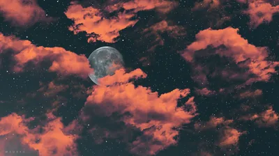 Coral Clouds around a Pale Moon HD Wallpaper
