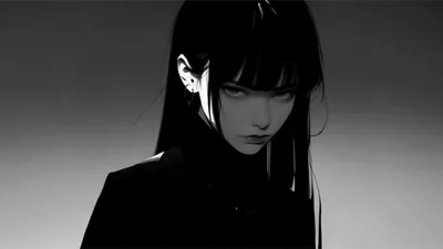 Monochrome Anime Girl in a Black Coat HD Wallpaper