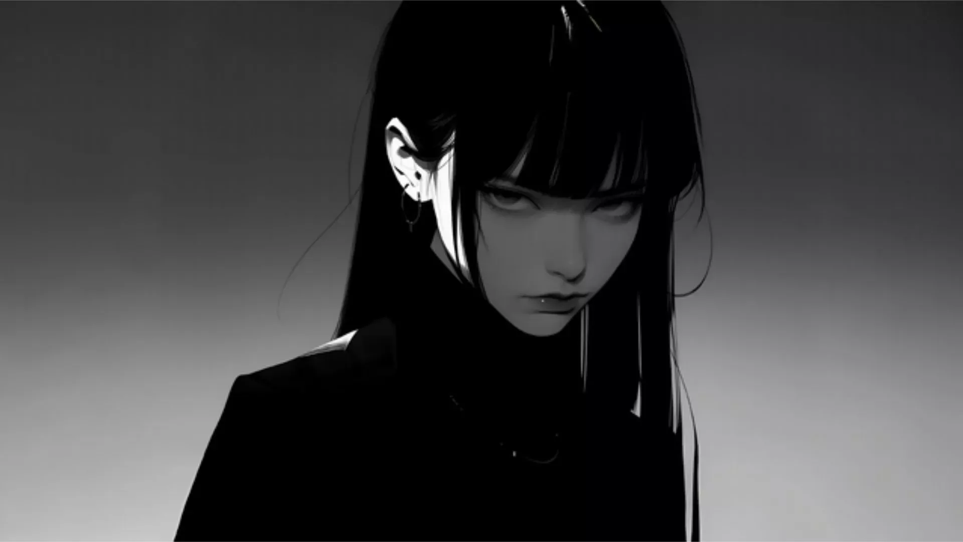 Long straight black hair, blunt bangs and a sharp stare, all rendered in soft greyscale against a smooth grey-to-black gradient.