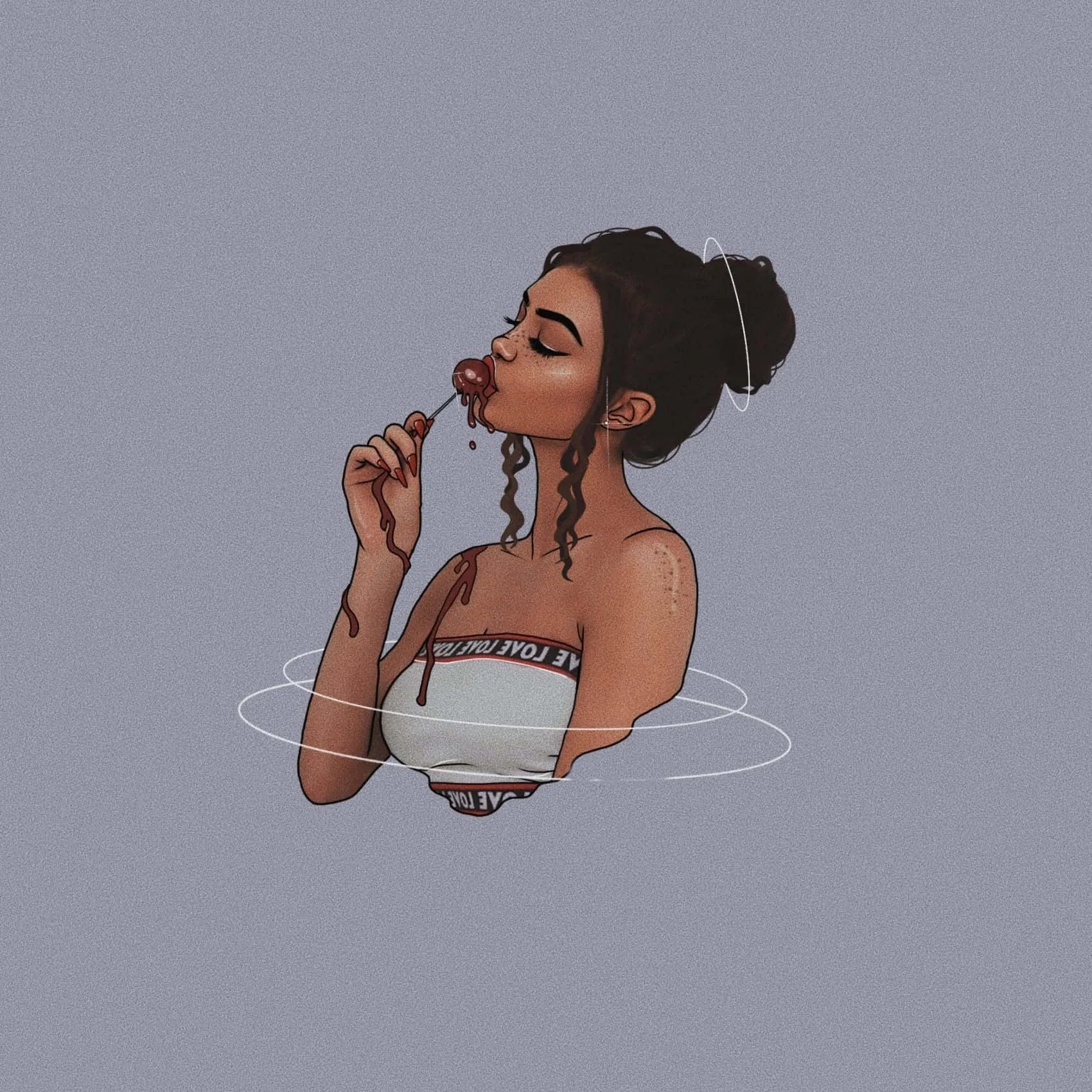 On a flat grey-violet background, a drawn figure with a high bun lifts a cherry to her lips, thin white rings circling her shoulders, plenty of empty space above.