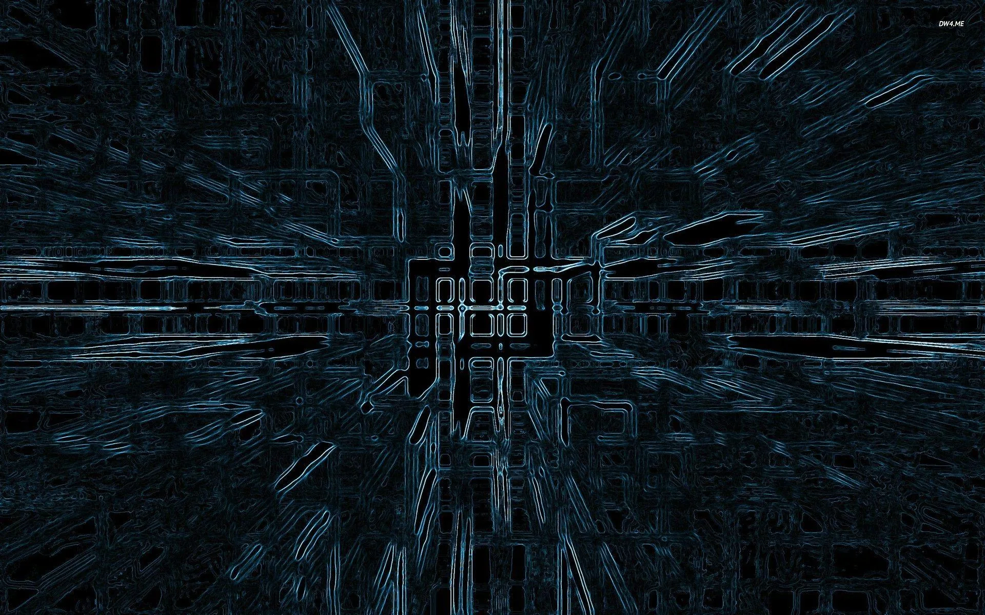 Angular blue structures recede toward a bright centre point, the surfaces breaking into fine circuit-like detail.