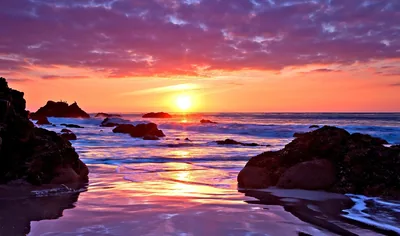Magenta Sunset Over Dark Sea Rocks HD Wallpaper