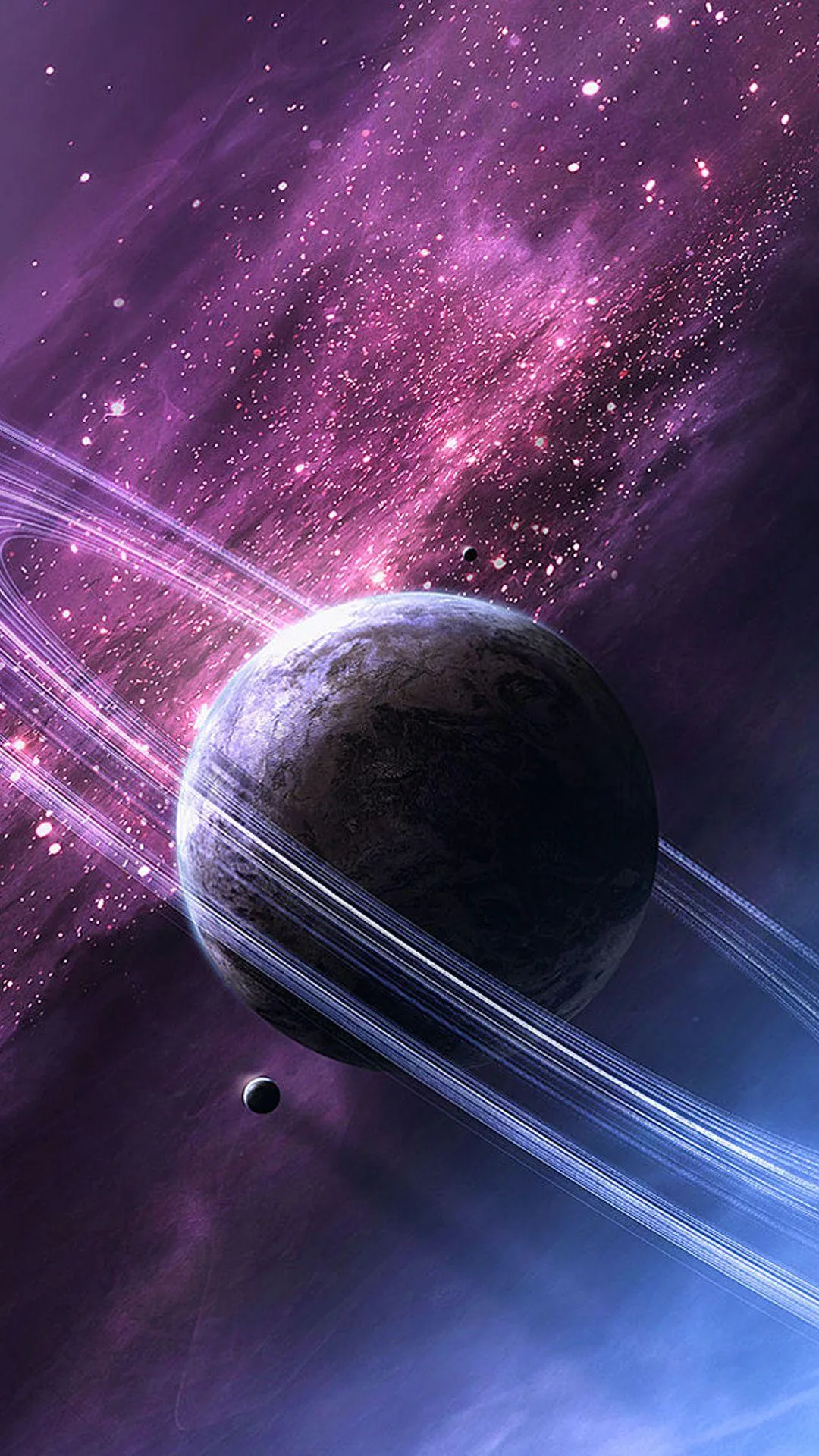 A ringed world sits low in a tall frame while violet light streaks diagonally behind it, a small moon drifting near the bottom edge.