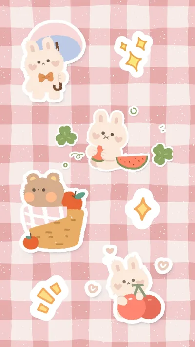Sticker Bunnies on Pink Gingham HD Phone Wallpaper