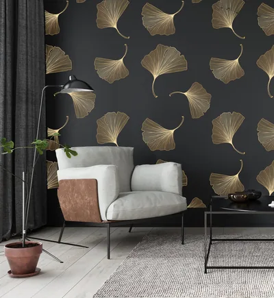 Exquisite Art Deco Ginkgo Leaves Wallpaper, Black and Gold Harmony