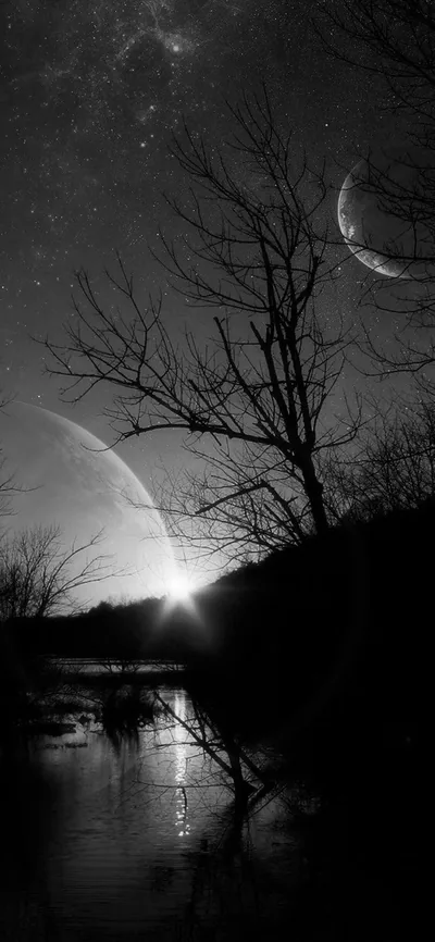 Crescent Moon and Planet Over a Lake HD Phone Wallpaper