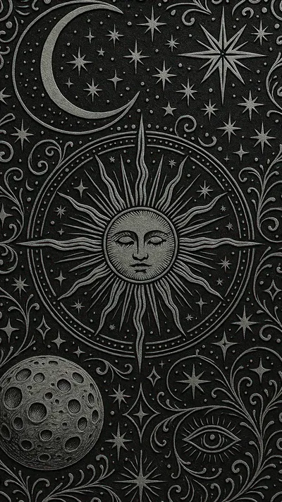 Sun Moon and Stars Engraving on Black HD Phone Wallpaper