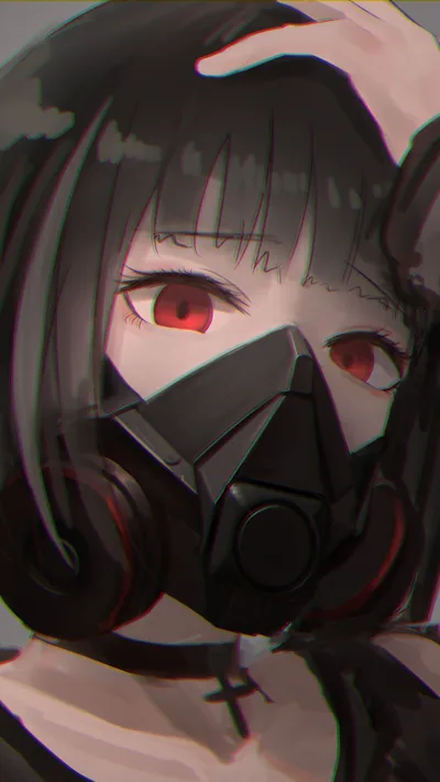 Phone wallpaper Anime, Original, Red Eyes, Oxygen Mask, Black Hair