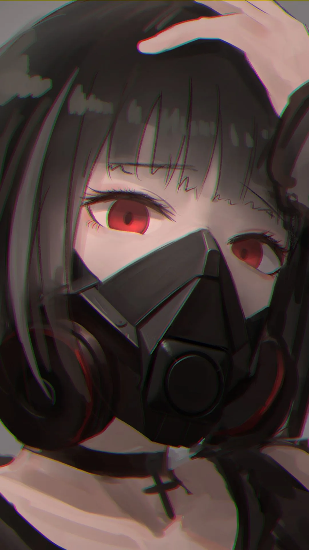 Phone wallpaper Anime, Original, Red Eyes, Oxygen Mask, Black Hair