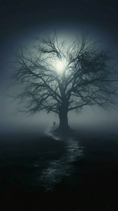 Bare Tree Glowing in Night Fog HD Phone Wallpaper